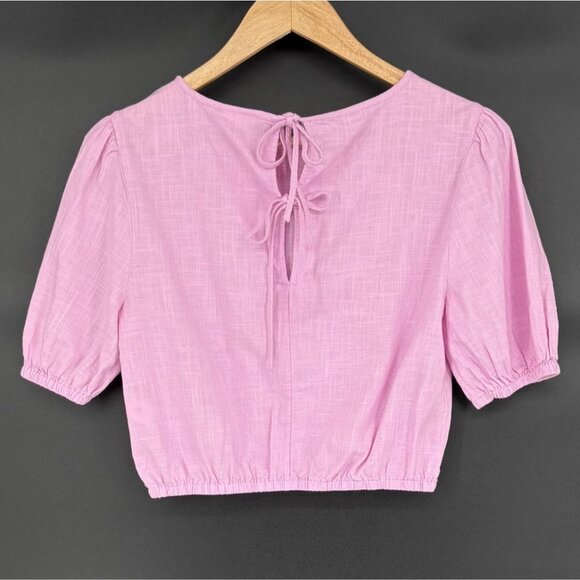 Women's Bohemian Puff Sleeve Crop Top XS Pink Tie Back Coquette Cottagecore - Picture 2 of 7